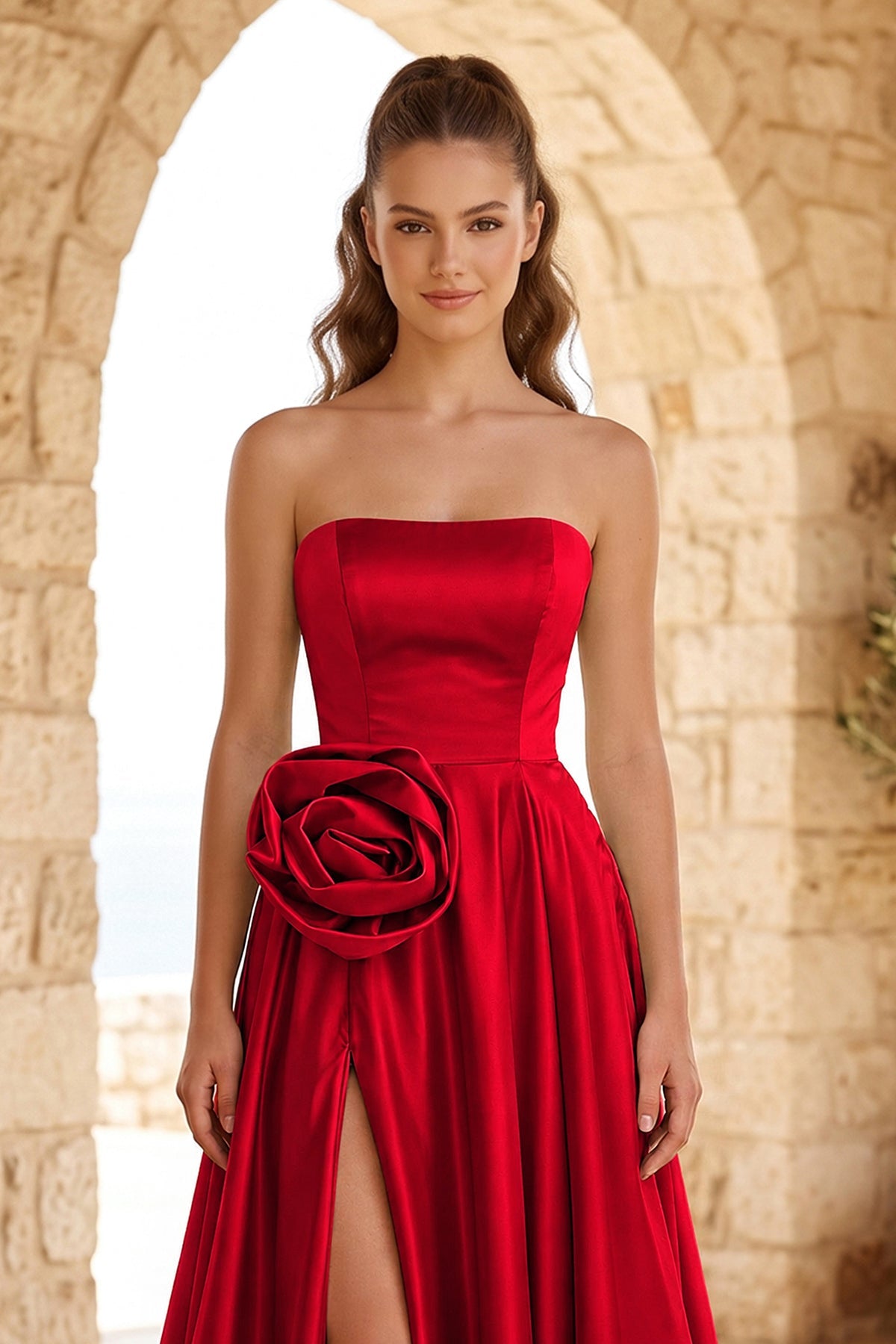 Black Strapless Satin Long Evening Dress With High Split - Curvevia