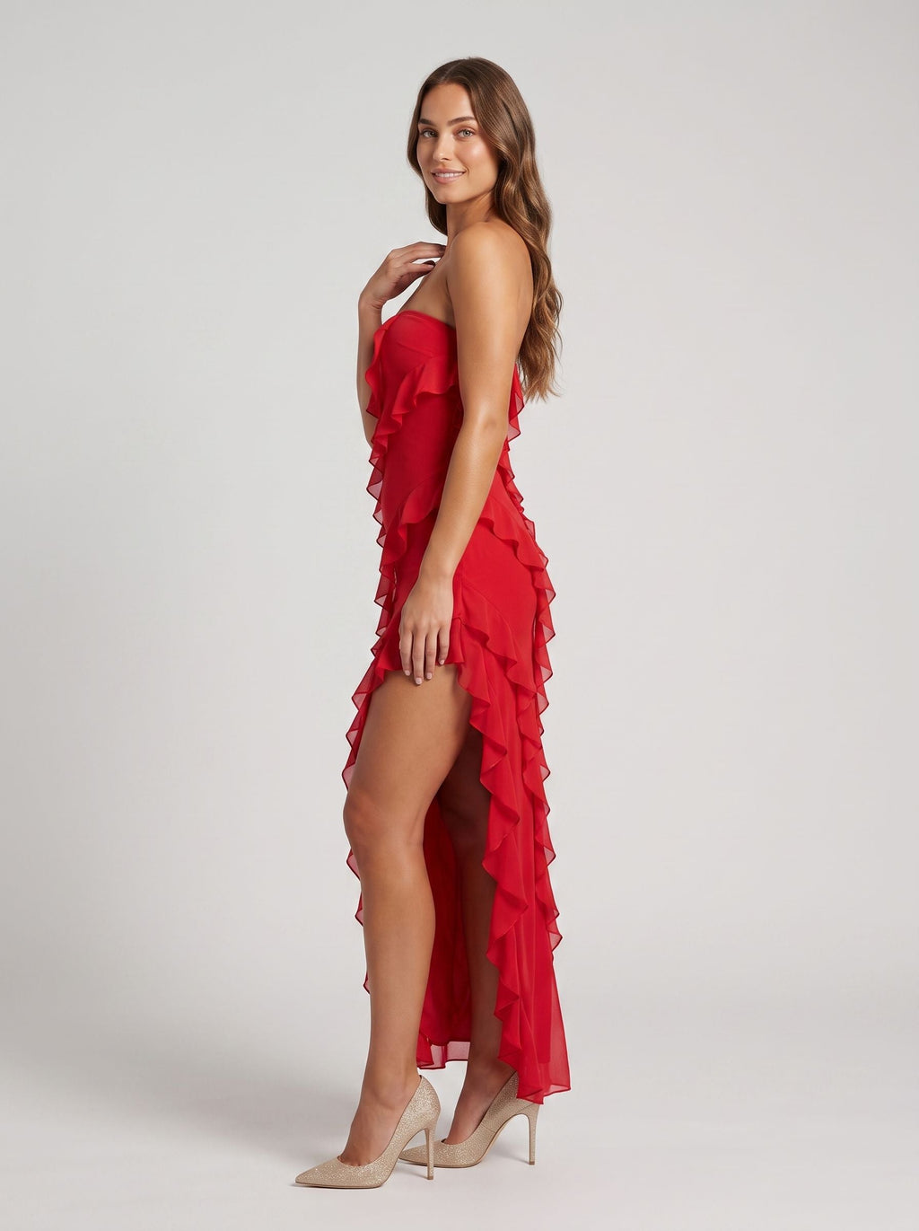 Red Stretch Knit Sheath Straight Neck Back Zip Floor-Length Dress with Cascading Ruffles - Curvevia