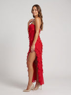 Red Stretch Knit Sheath Straight Neck Back Zip Floor-Length Dress with Cascading Ruffles - Curvevia