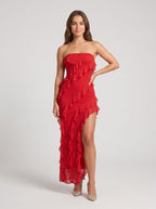 Red Stretch Knit Sheath Straight Neck Back Zip Floor-Length Dress with Cascading Ruffles - Curvevia