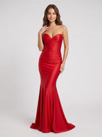 Red Stretch Knit Mermaid V-Neck Lace-up Floor-Length Dress - Curvevia