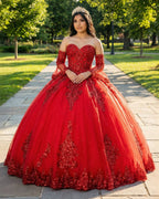 Red Sweetheart Quinceanera Dresses with Long Sleeves - Curvevia