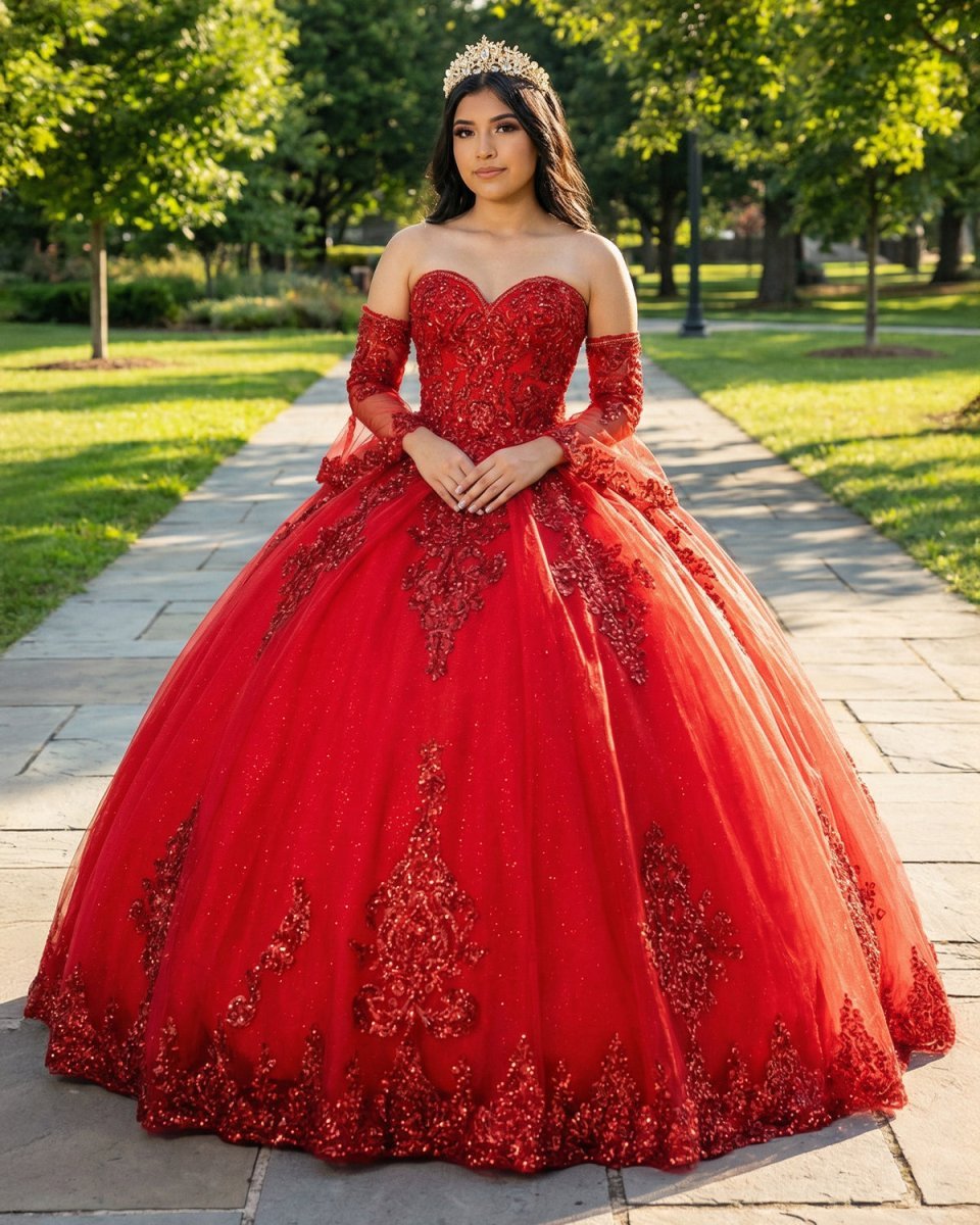 Red Sweetheart Quinceanera Dresses with Long Sleeves - Curvevia
