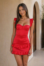 Red Sweetheart Satin Ruffles Short Homecoming Dresses - Curvevia