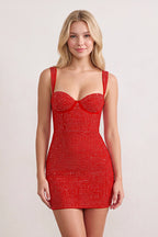 Red Sweetheart Satin Sheath Homecoming Dress with Rhinestones - Curvevia