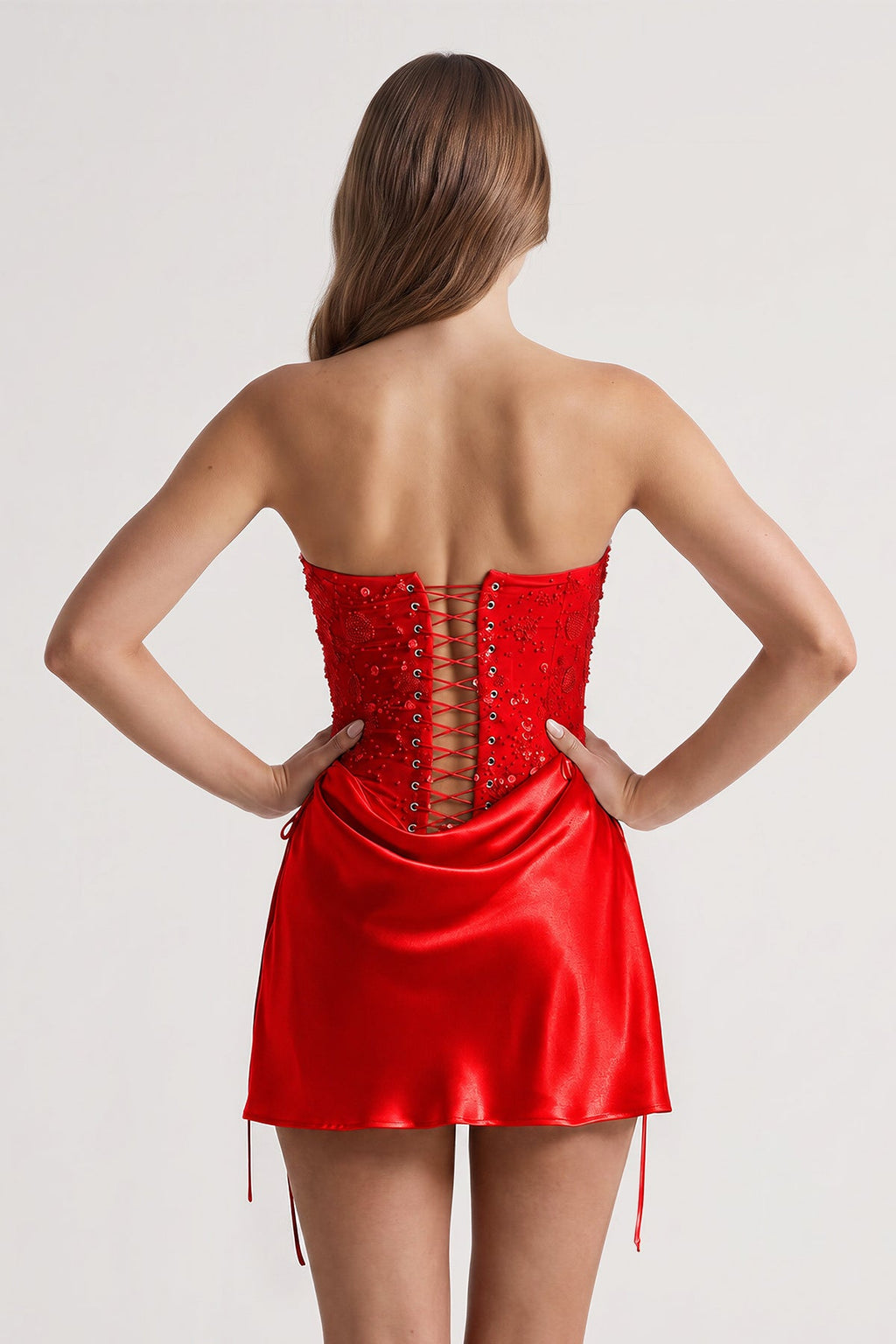 Pink Sweetheart Sheath Corset Ruched Satin Homecoming Dress with Beading - Curvevia
