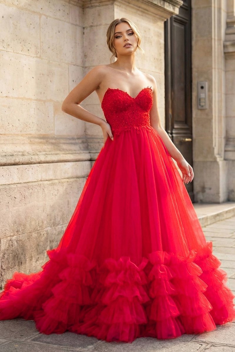 Red Tulle Appliques Sweetheart Ruffle Long Wedding Guest Dress - Curvevia