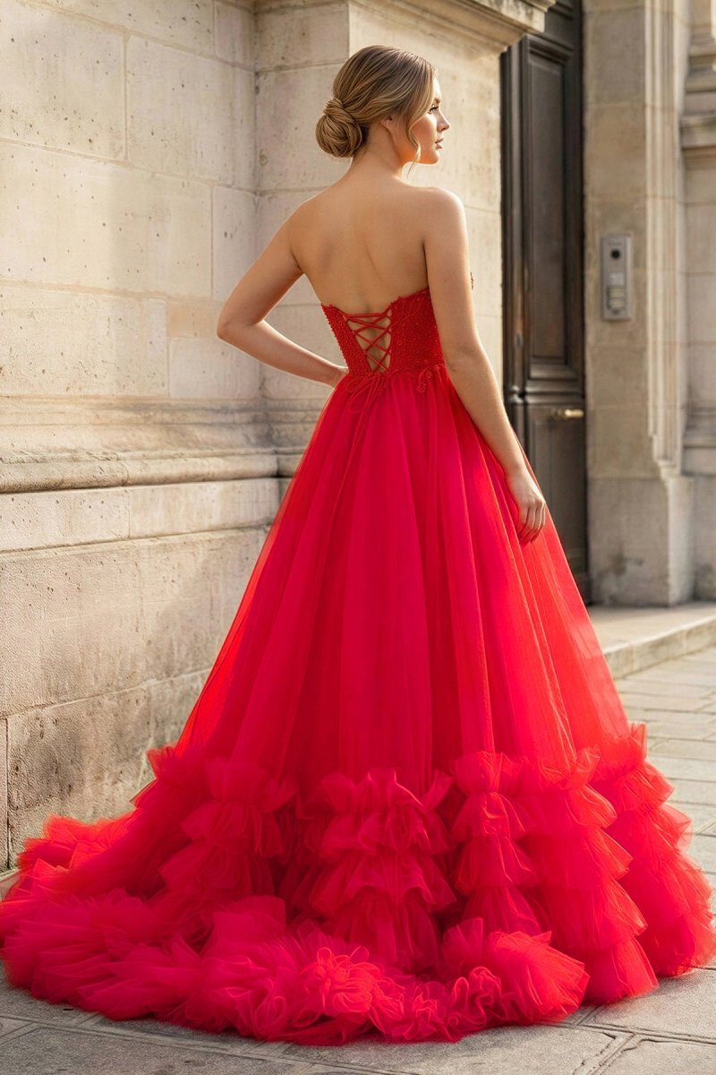 Red Tulle Appliques Sweetheart Ruffle Long Wedding Guest Dress - Curvevia