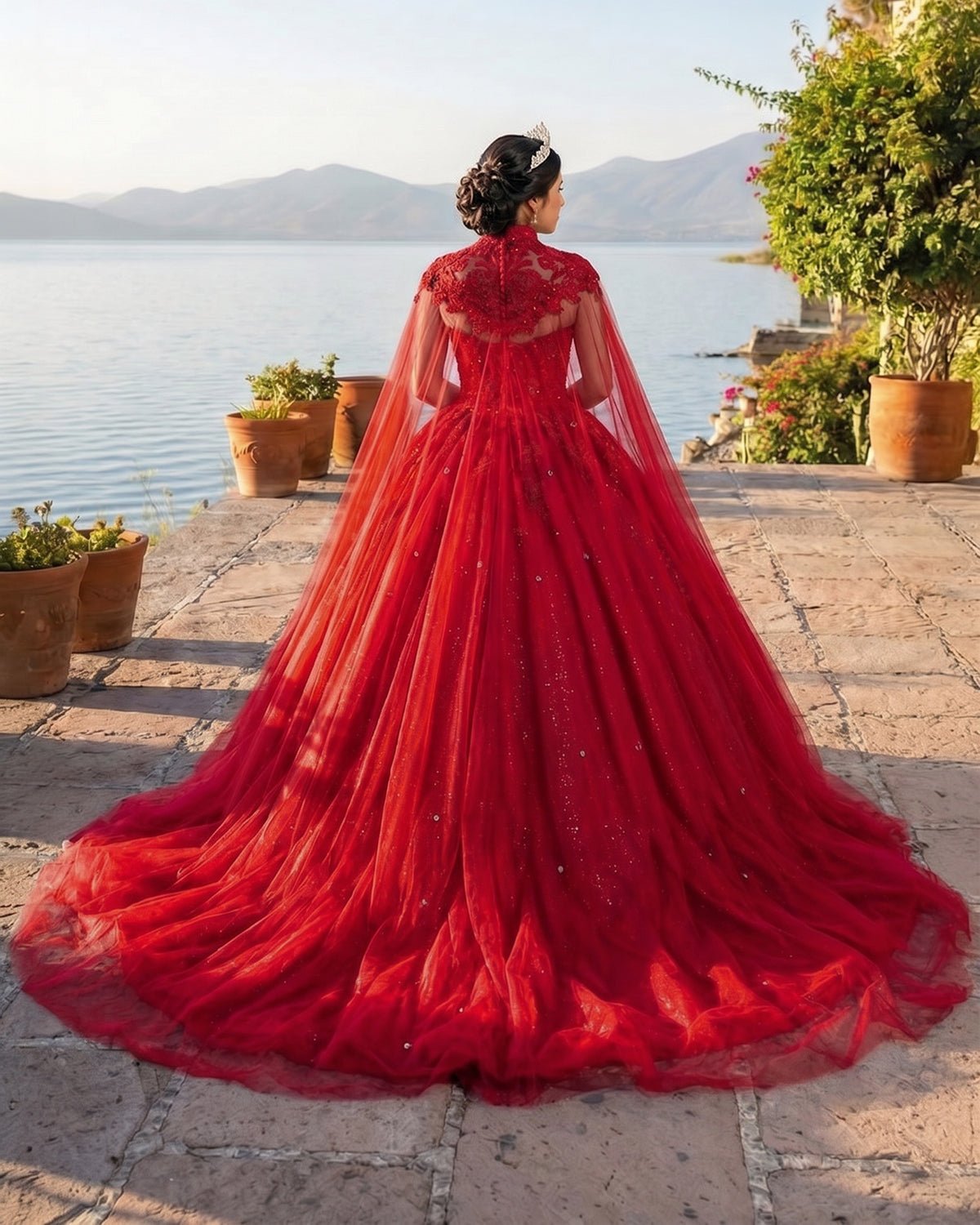 Royal Blue Tulle Ball Gown Prom Dress With Cape - Curvevia