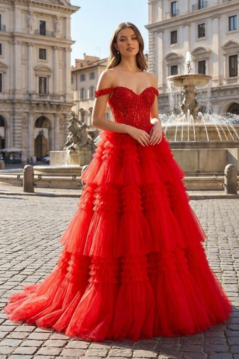 Red Tulle Off-the-Shoulder Ruffle Tiered Long Prom Dress - Curvevia