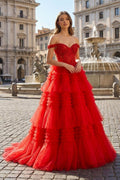 Red Tulle Off-the-Shoulder Ruffle Tiered Long Prom Dress - Curvevia