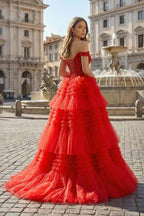 Red Tulle Off-the-Shoulder Ruffle Tiered Long Prom Dress - Curvevia