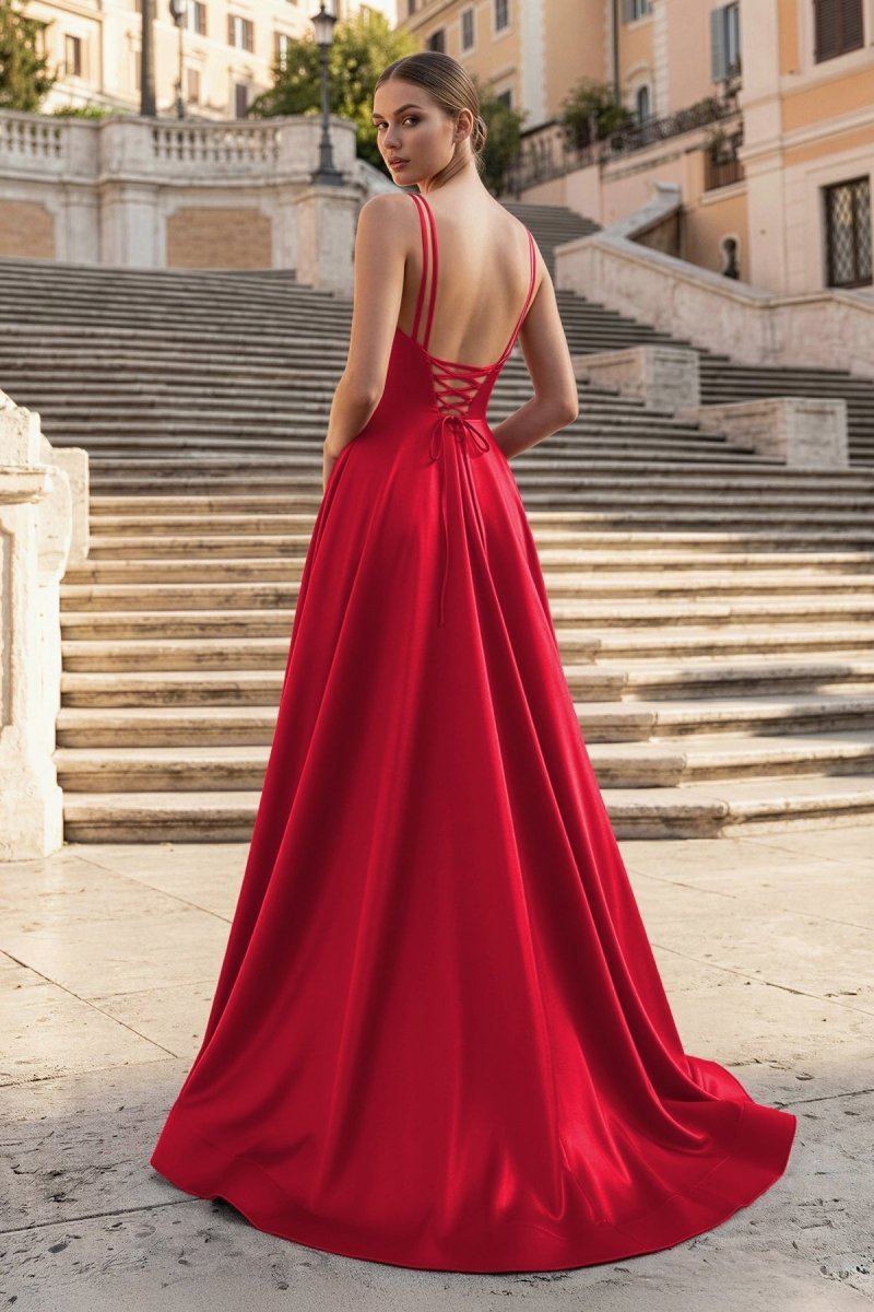 Burgundy Spaghetti Straps A Line Satin Long Prom Dresses With Slit - Curvevia