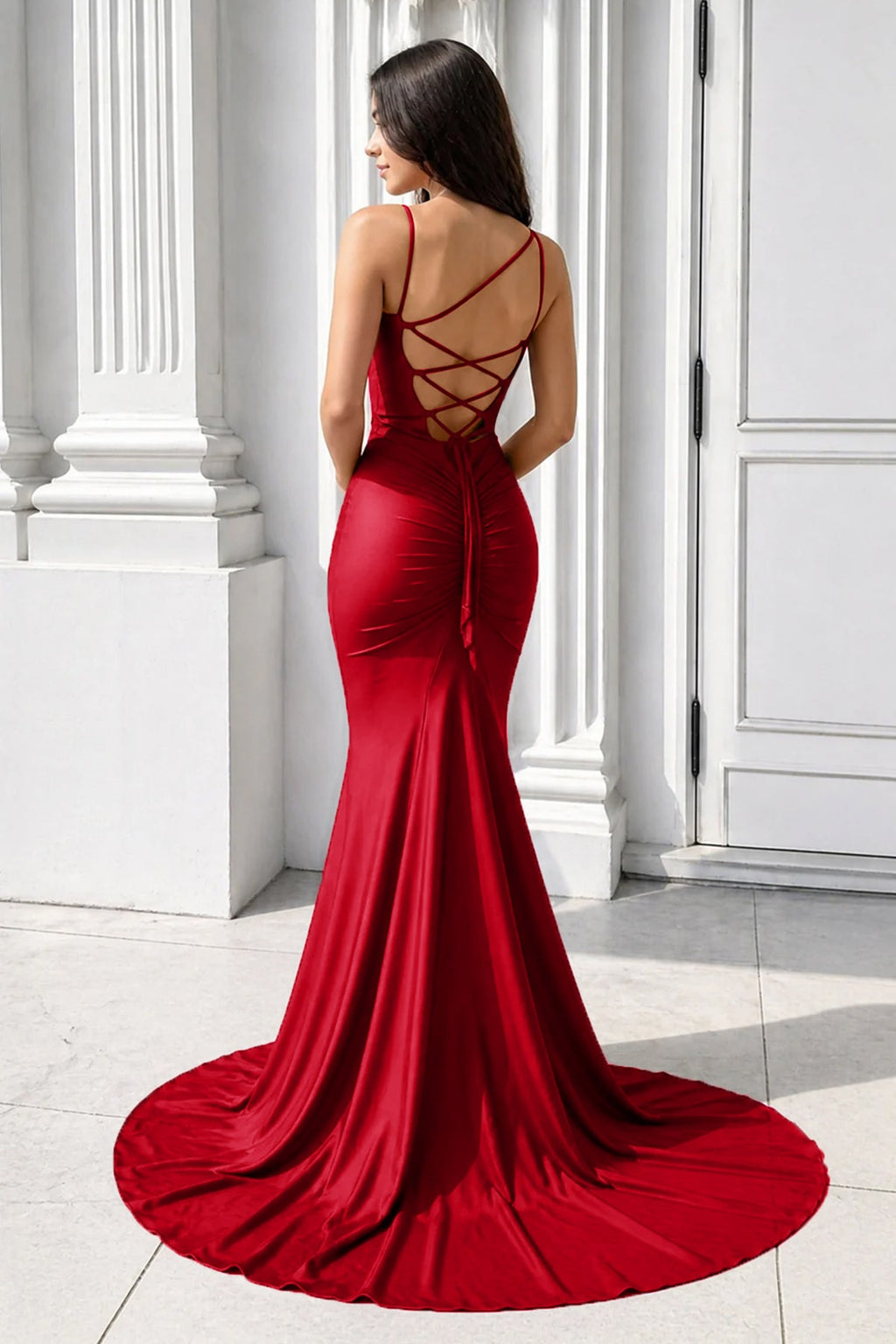 Purple Spaghetti Straps Lace-Up Mermaid Long Evening Dress - Curvevia