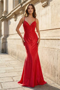 Red Spaghetti Straps Mermaid Satin Beaded Long Evening Dress With Appliques - Curvevia