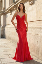 Red Spaghetti Straps Mermaid Satin Beaded Long Evening Dress With Appliques - Curvevia
