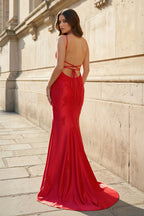 Red Spaghetti Straps Mermaid Satin Beaded Long Evening Dress With Appliques - Curvevia
