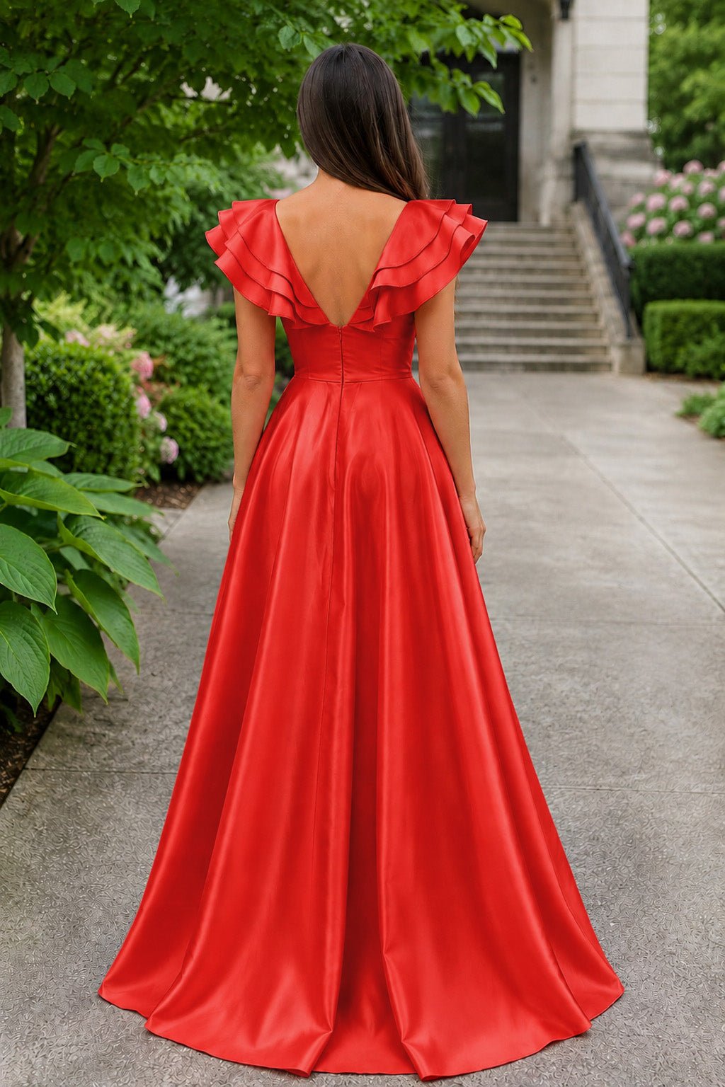 Hot Pink V-Neck Ruffle A-Line Long Wedding Guest Dress - Curvevia