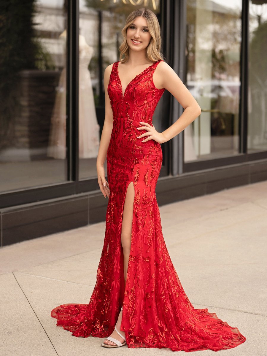 Mermaid V Neck Sequined Lace Evening Dress with Slit - Curvevia