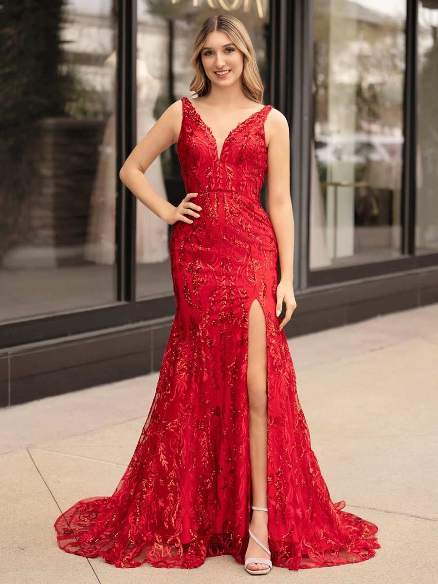 Mermaid V Neck Sequined Lace Evening Dress with Slit - Curvevia