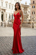 Blue Spaghetti Straps Sheath Satin Long Prom Dresses With Appliques - Curvevia