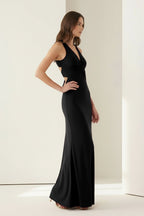 Pink Halter Mermaid Pleated Open Back Long Evening Dress - Curvevia