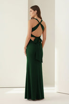 Pink Halter Mermaid Pleated Open Back Long Evening Dress - Curvevia