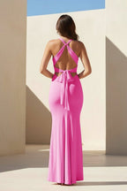 Pink Halter Mermaid Pleated Open Back Long Evening Dress - Curvevia