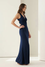 Pink Halter Mermaid Pleated Open Back Long Evening Dress - Curvevia