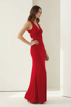 Pink Halter Mermaid Pleated Open Back Long Evening Dress - Curvevia