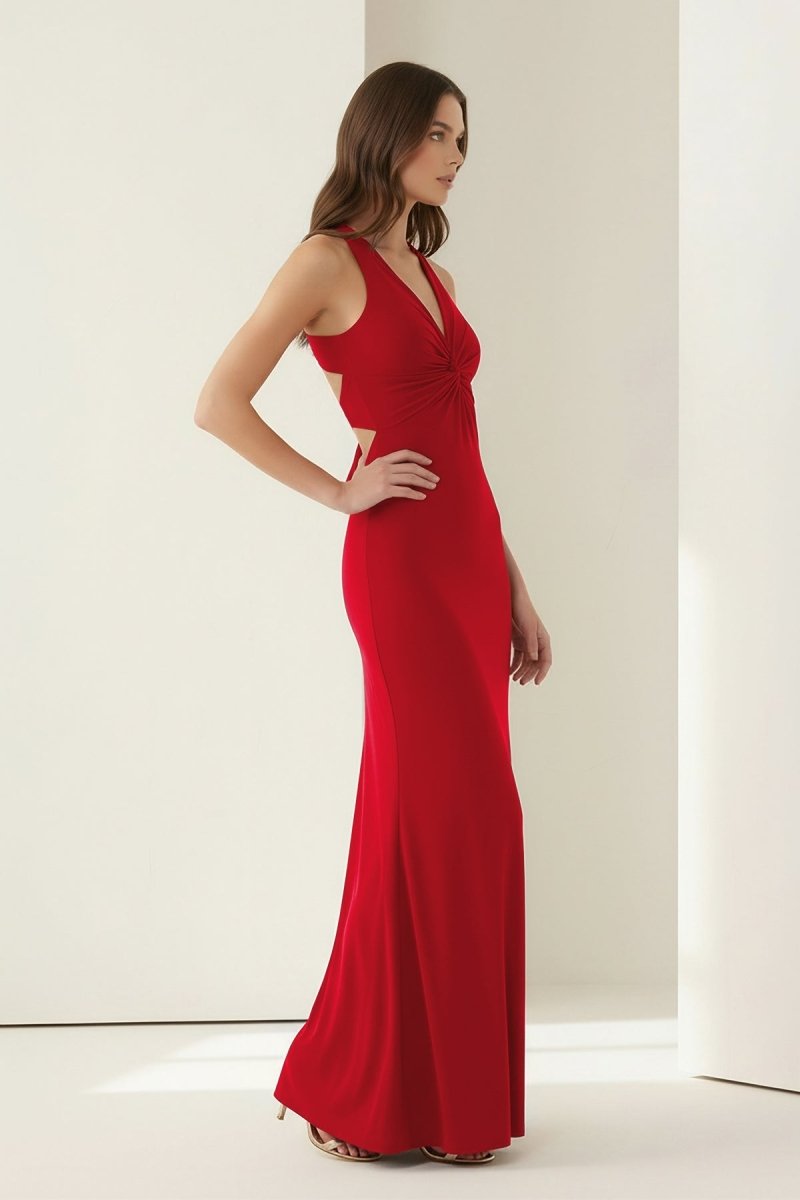 Pink Halter Mermaid Pleated Open Back Long Evening Dress - Curvevia