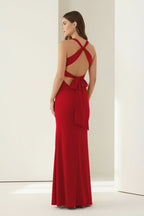 Pink Halter Mermaid Pleated Open Back Long Evening Dress - Curvevia