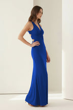 Pink Halter Mermaid Pleated Open Back Long Evening Dress - Curvevia