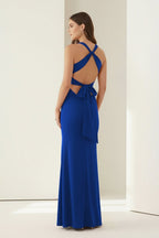 Pink Halter Mermaid Pleated Open Back Long Evening Dress - Curvevia