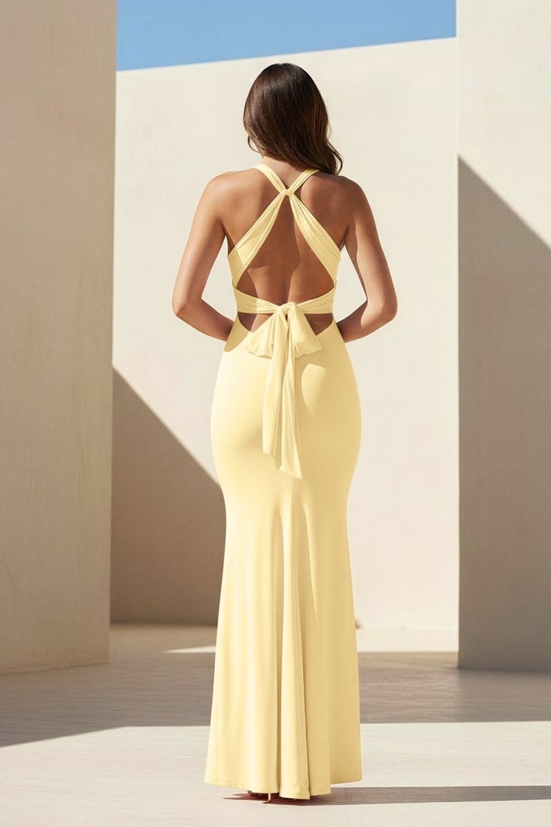 Pink Halter Mermaid Pleated Open Back Long Evening Dress - Curvevia