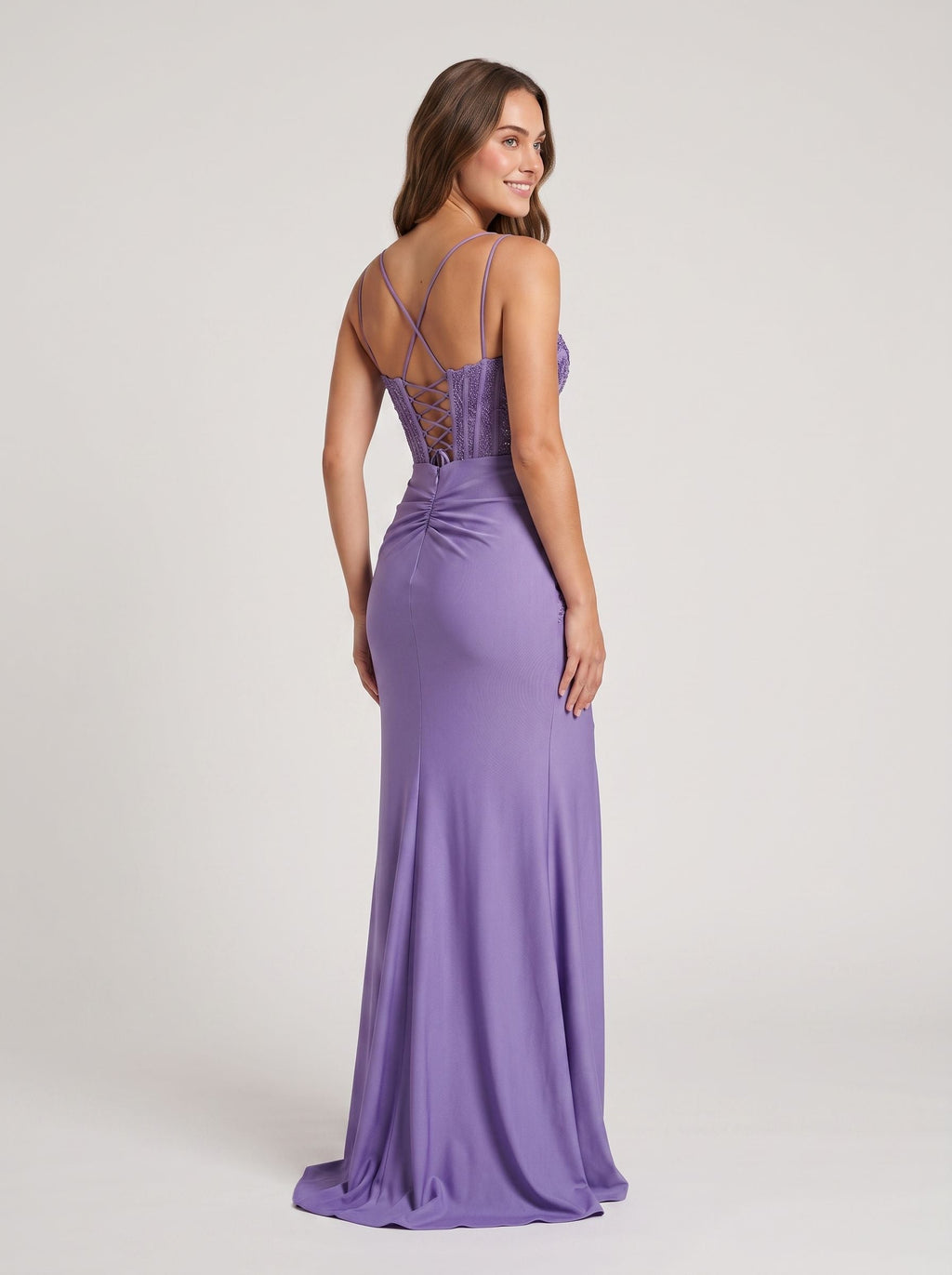 Mauve Stretch Knit column V-Neck Corset Back Floor-Length Dress with Slit and Train - Curvevia