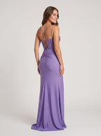 Mauve Stretch Knit column V-Neck Corset Back Floor-Length Dress with Slit and Train - Curvevia