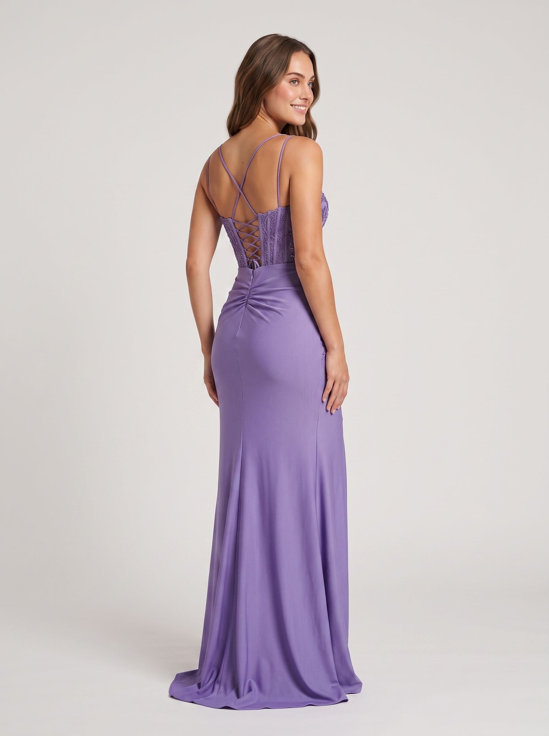 Mauve Stretch Knit column V-Neck Corset Back Floor-Length Dress with Slit and Train - Curvevia