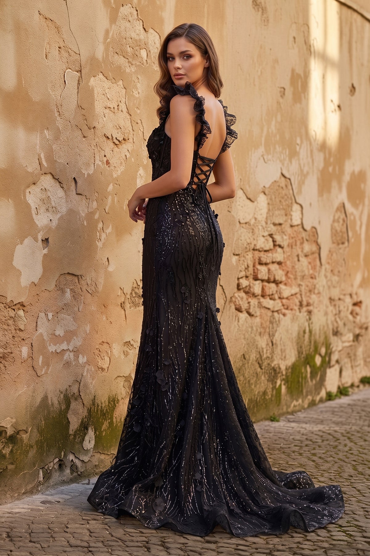 Yellow Ruffle Straps 3D Flower Mermaid Long Evening Dress - Curvevia