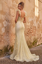 Yellow Ruffle Straps 3D Flower Mermaid Long Evening Dress - Curvevia
