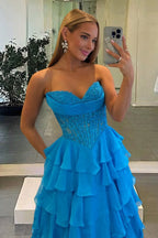 Pink Sweetheart A Line Chiffon Ruffled Wedding Guest Dress With Appliques - Curvevia