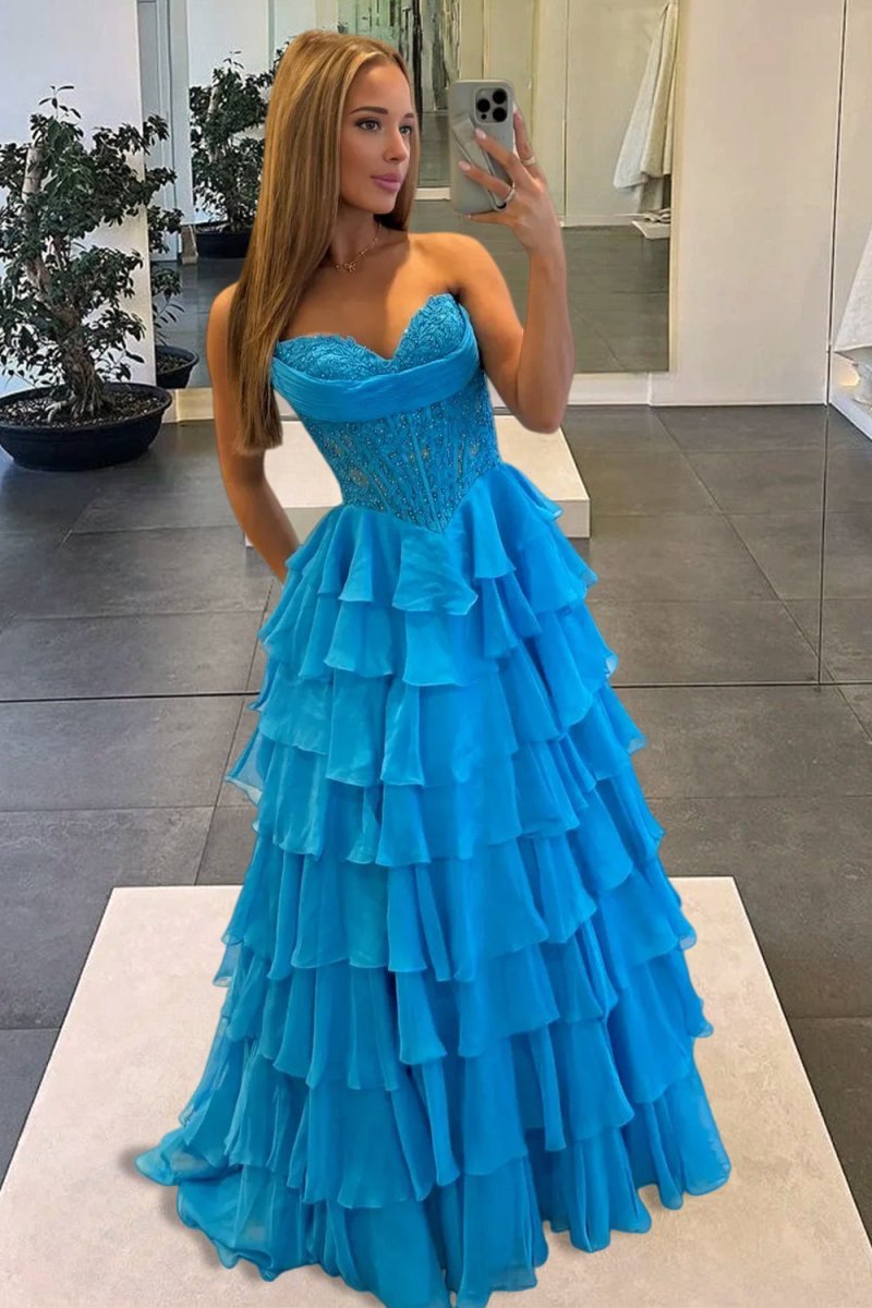 Pink Sweetheart A Line Chiffon Ruffled Wedding Guest Dress With Appliques - Curvevia
