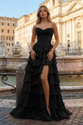 Black Sweetheart A Line Chiffon Ruffled Wedding Guest Dress With Appliques - Curvevia