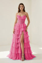 Pink Sweetheart A Line Chiffon Ruffled Wedding Guest Dress With Appliques - Curvevia