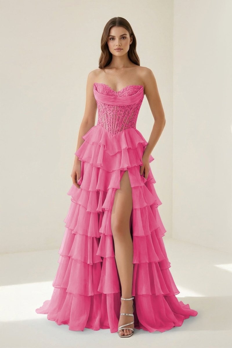 Pink Sweetheart A Line Chiffon Ruffled Wedding Guest Dress With Appliques - Curvevia