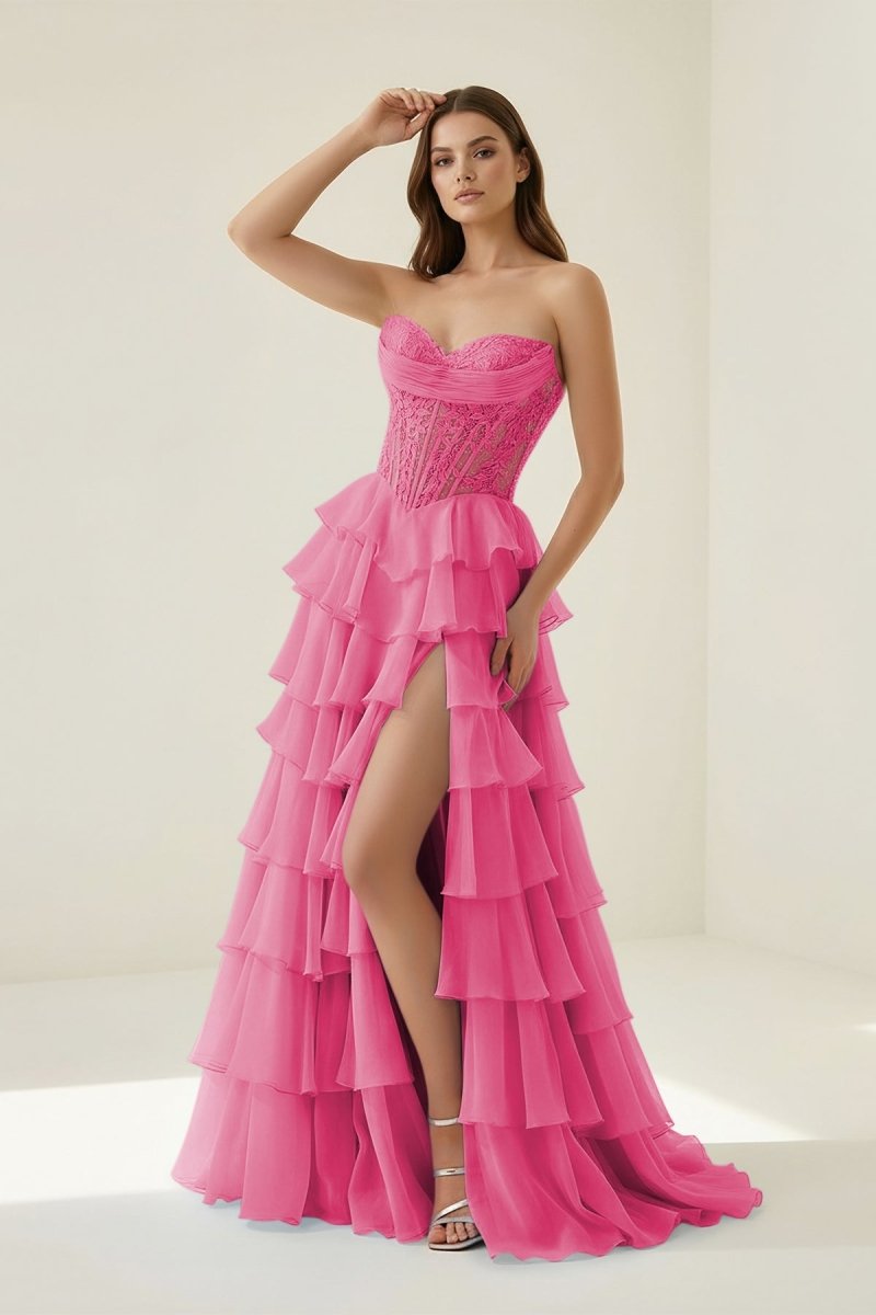 Pink Sweetheart A Line Chiffon Ruffled Wedding Guest Dress With Appliques - Curvevia