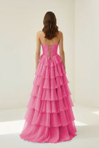 Pink Sweetheart A Line Chiffon Ruffled Wedding Guest Dress With Appliques - Curvevia