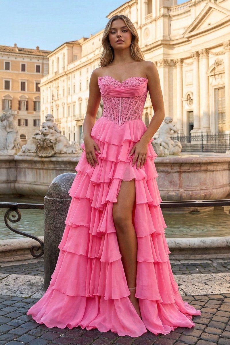 Pink Sweetheart A Line Chiffon Ruffled Wedding Guest Dress With Appliques - Curvevia