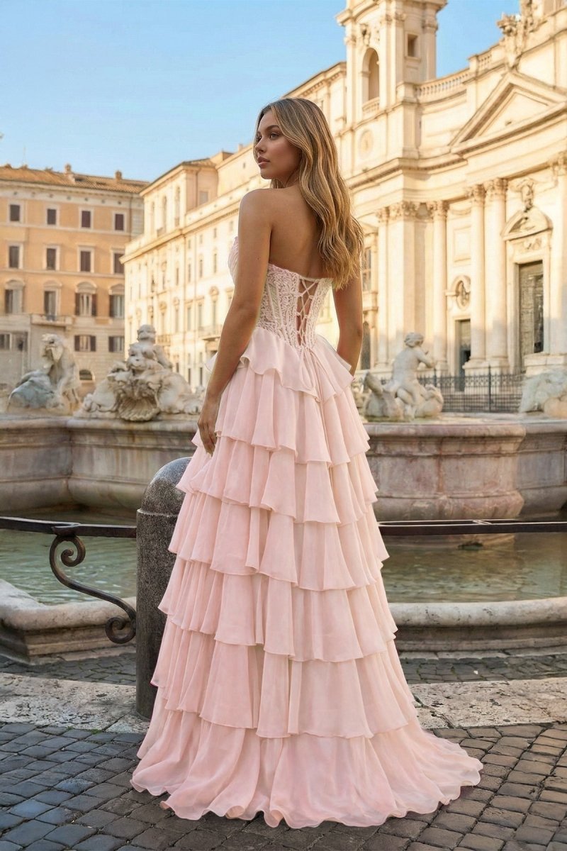 Pink Sweetheart A Line Chiffon Ruffled Wedding Guest Dress With Appliques - Curvevia