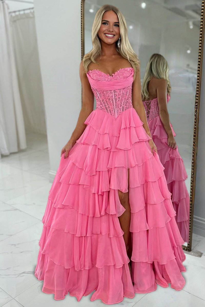 Pink Sweetheart A Line Chiffon Ruffled Wedding Guest Dress With Appliques - Curvevia